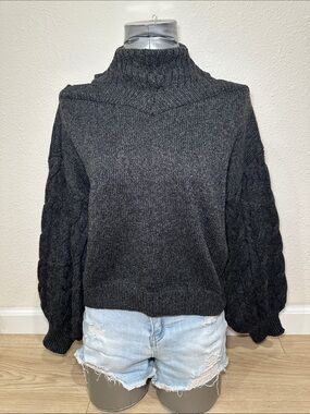 Charcoal Gray Off Shoulder Turtleneck Cable Knit Sweater